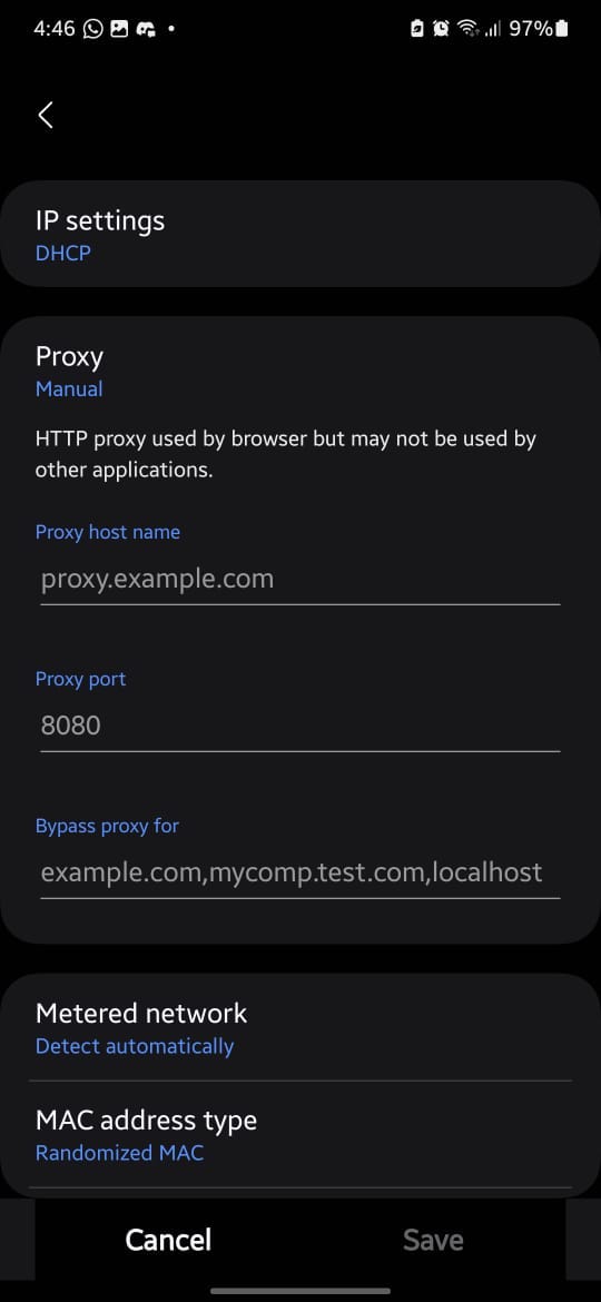 Android Wi-Fi manual proxy settings