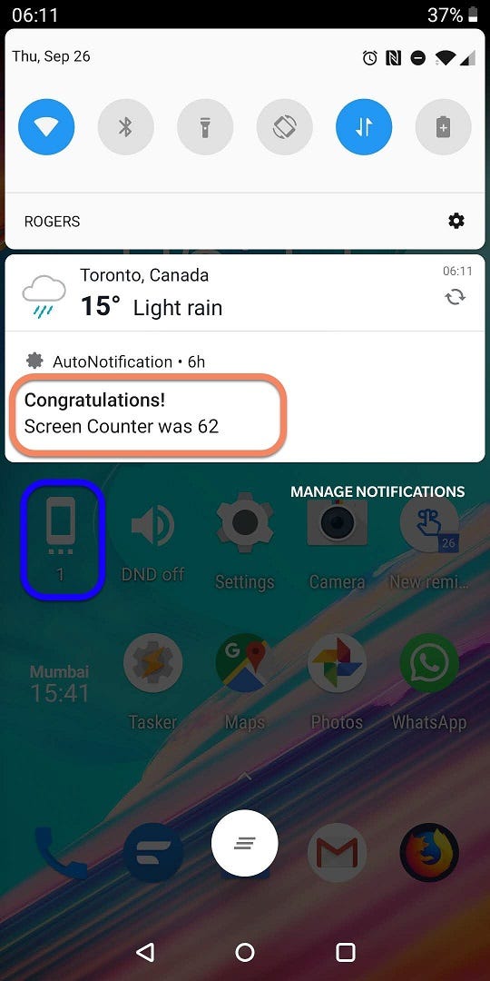 Phone home screen showing notification “Congratulations, Screen Count was 62” and Screen On counter