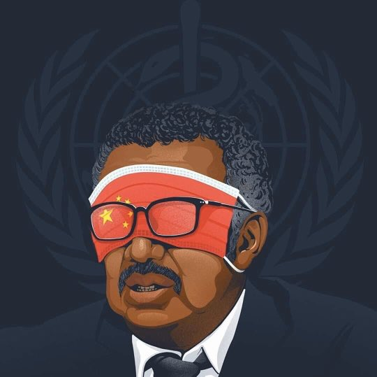 An image of Dr. Tedros with the chinese flag over his eyes as a mask and glasses over it.