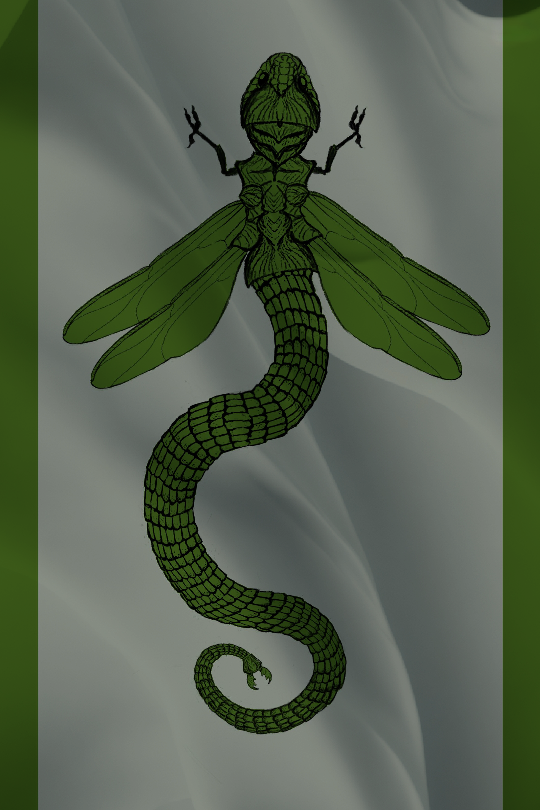 Version of flag with Noble Serpentfly colored in green on ash background.
