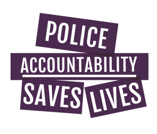 Graphic in purple and white: Police Accountability Saves Lives.