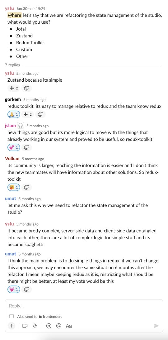 A slack conversation of our frontend team about “What should we use for our state management?”