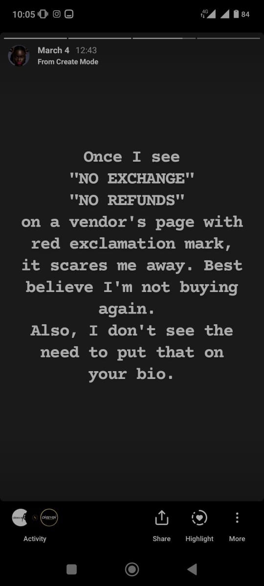 An Instagram story that includes a valid vent targeted towards Instagram vendors who state that they don’t allow exchange of goods or offer refund.