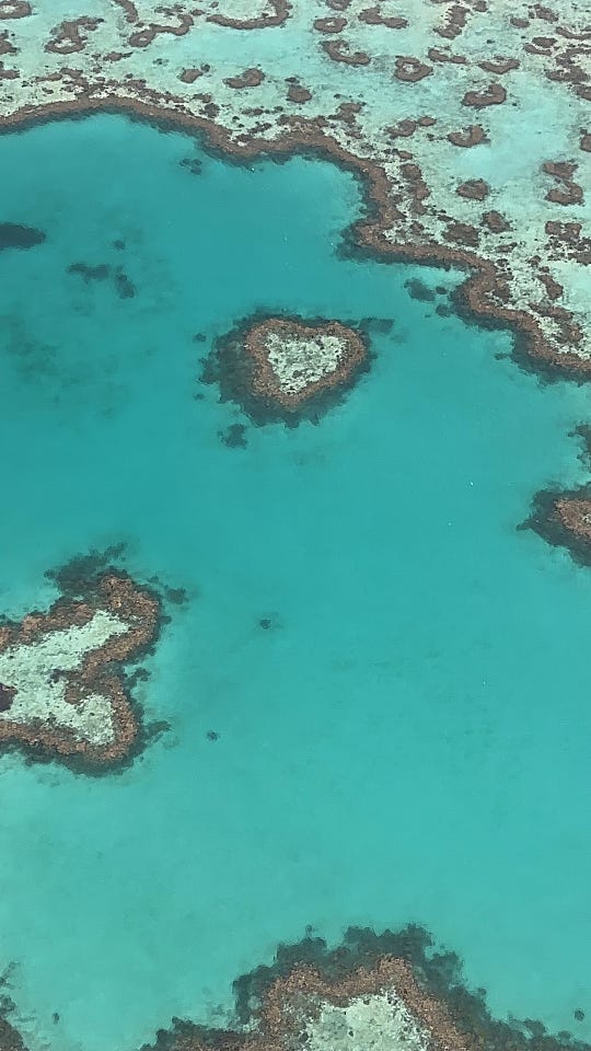 Bird’s eye view of the iconic Heart Reef, a natural wonder nestled within the Great Barrier Reef, offering a heart-shaped coral formation surrounded by azure waters, captured during a scenic flight over the Whitsunday Islands, Queensland, Australia.