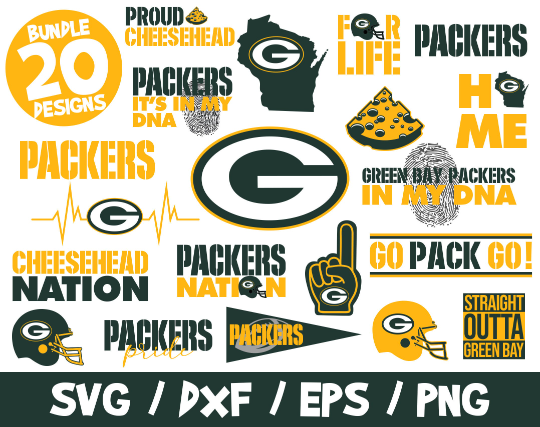 Green bay packers svg bundle nfl team nation shirt go pack cheese head helmet heartbeat