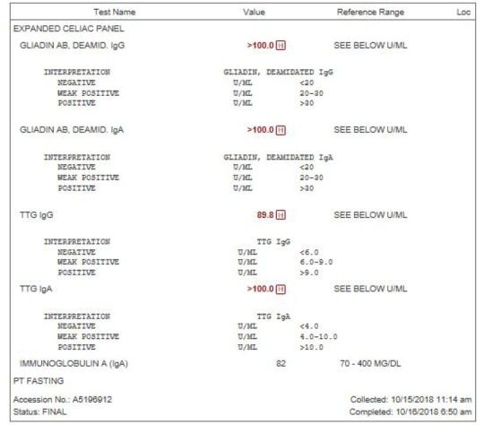 Screenshot of gliadin and TTG antibody test results, with each number highlighted in red.