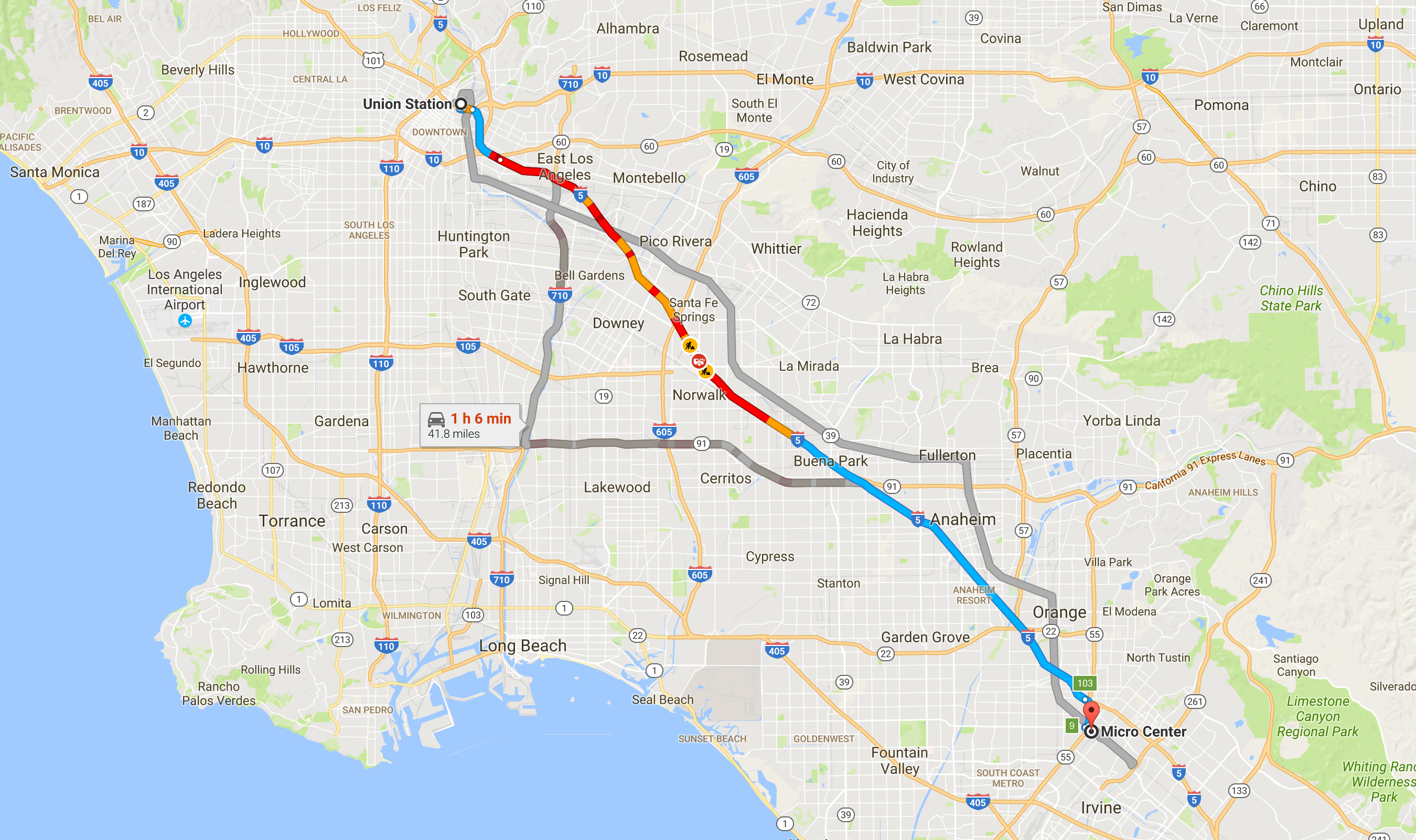 Google Maps, From Union Station LA to MicroCenter Store Tustin LA