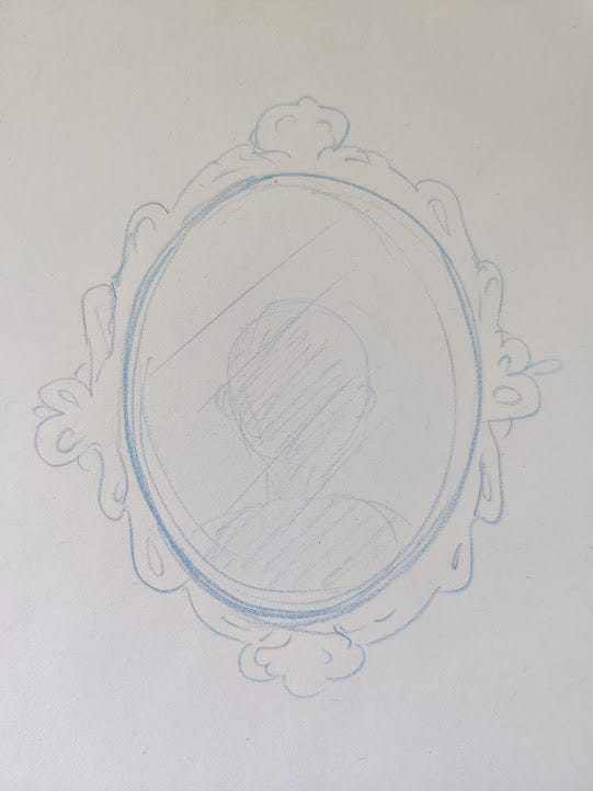 Sketch of a mirror, with a human silhouette on it.