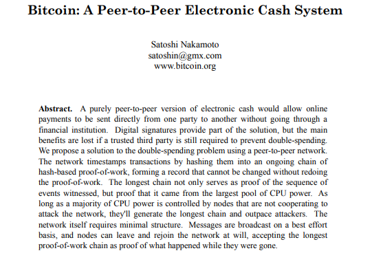 Satoshi Nakamoto takma adıyla bir kişi veya grup tarafından kaleme alınan Bitcoin teknik dökümanı. 31 Ekim 2008