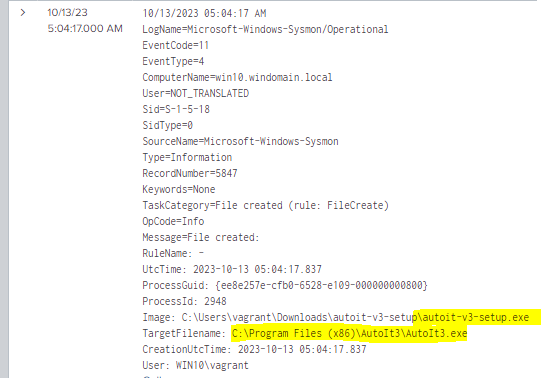 Splunk log showing a Sysmon file creation event where Autoit3.exe file is created using the normal installation process.