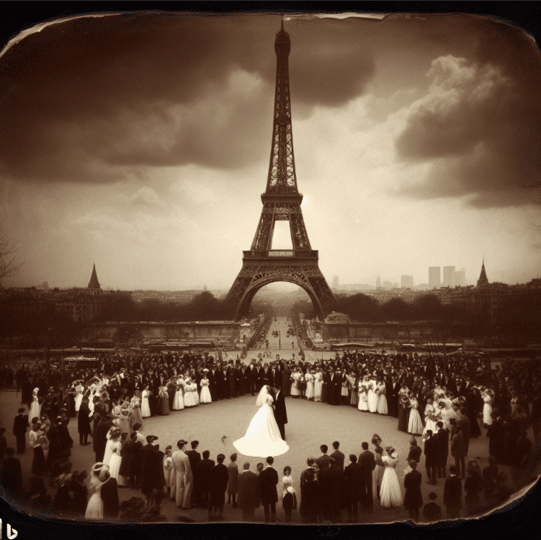 Promt: 1910s Paris Daguerreotype photo with a classic European wedding occurring adjacent to the Eiffel Tower