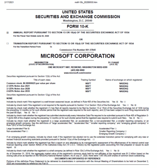 screenshot of a coversheet of a Form 10K by Microsoft