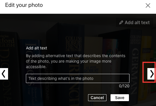 Screenshot of LinkedIn’s ‘Add alt text’ dialog box with the right arrow highlighted for moving to the next image.