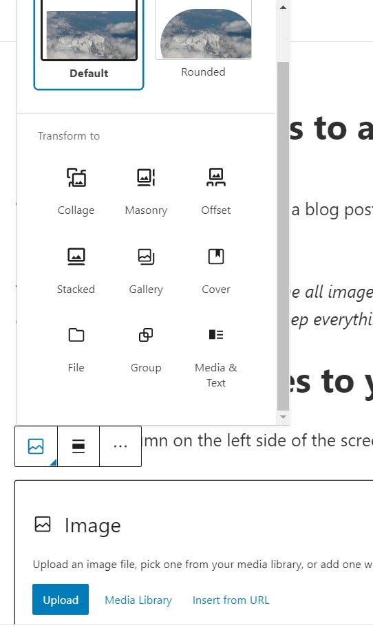 Block Type or Style Options, featuring ability to round image corners, transform to Collage, Masonry, Offset, Stacked, etc.