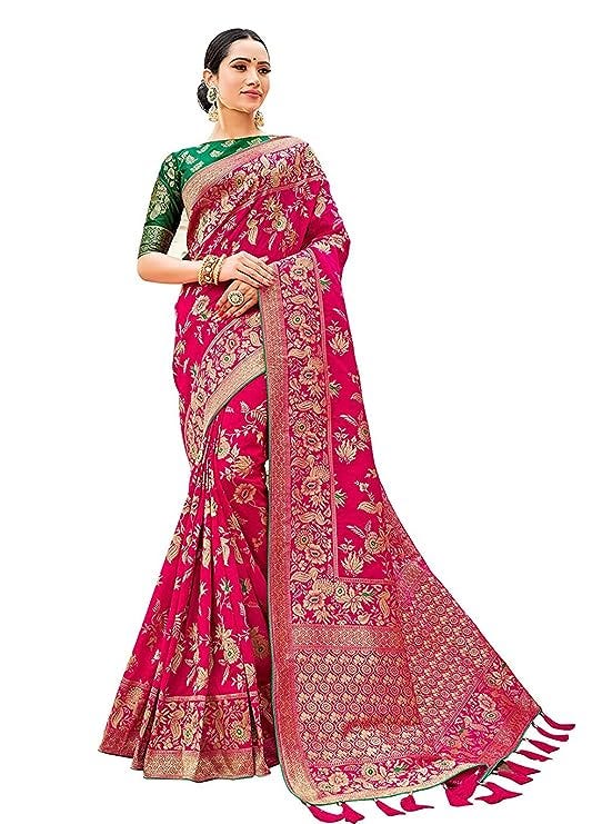 Monjolika Fashion Women’s Banarasi Silk Blend Woven Zari With Tussles Saree