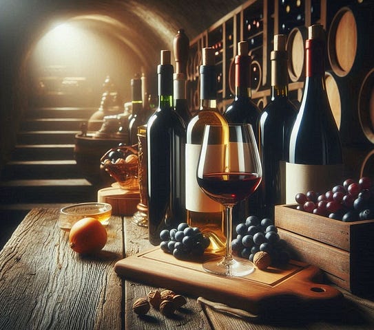 Mehrere Weinflaschen und Accessoirs im Weinkeller, KI-generiert