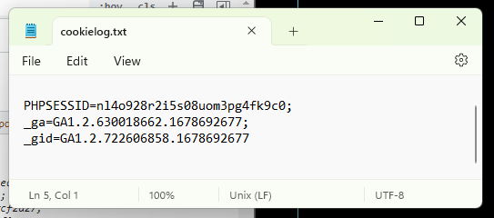 после того как я введу код выше cookie будет сохранен в файле cookielogtxt