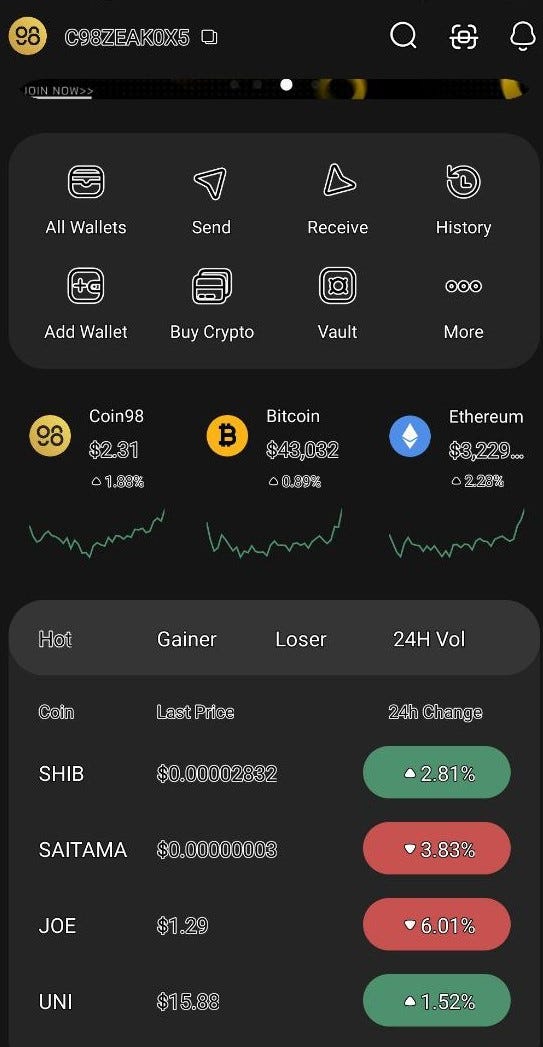The Home screen of the Coin98 Super App