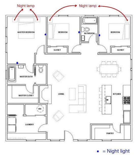 Floor plan with lighting recommendations to prevent falls