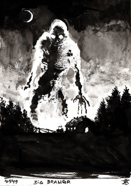 black and white ink drawing of a skeletal creature towering above a farm, set against a dark background