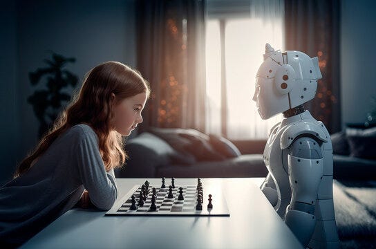 Humans and AI interact harmoniously and thoughtfully.