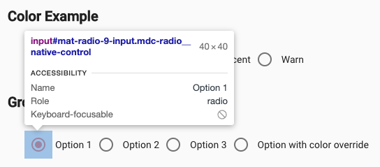 Radio button with the inspect element panel showing expanded touch target of 40 x 40.