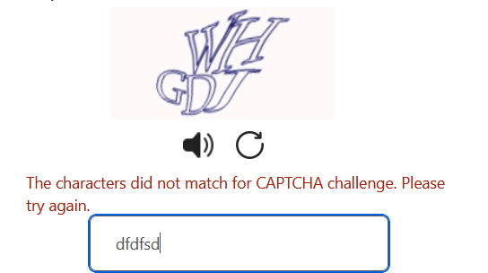 Image of an error screen showing an incorrect  captcha