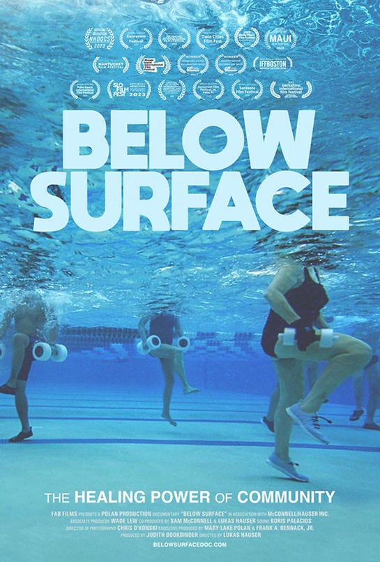 under water view of people’s legs running under water holding weights as if exercising in a aquatic class