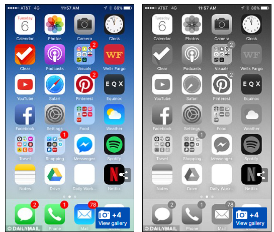 Two images of a phone screen side-by-side. They are identical, but one is in full color and the other in grayscale.