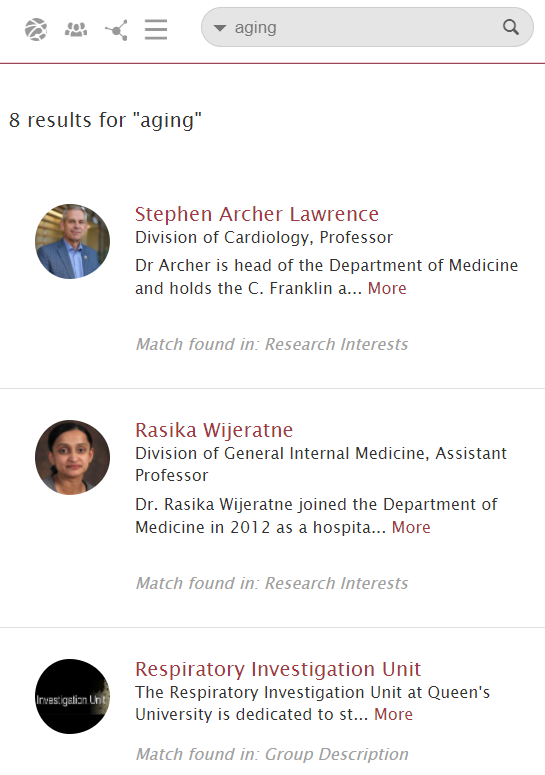 A page of results for the search term “aging.” From top to bottom, the results are: Stephen Archer Lawrence, Rasika Wijeratne, and Respiratory Investigation Unit. Beneath each result, in italics, details where within the result the search parameter can be found.