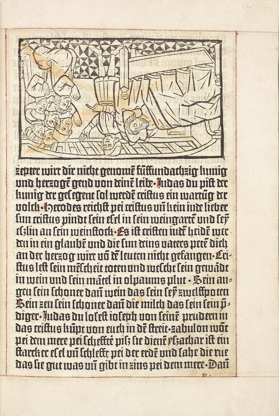 Page from Vier Historien: Joseph, Daniel, Judith, Esther. There is an uncoloured illustration across the top part of the page with Latin text beneath. The illustration is upside down and depicts a figure lying in a bed while others kneel and pray by the bedside.