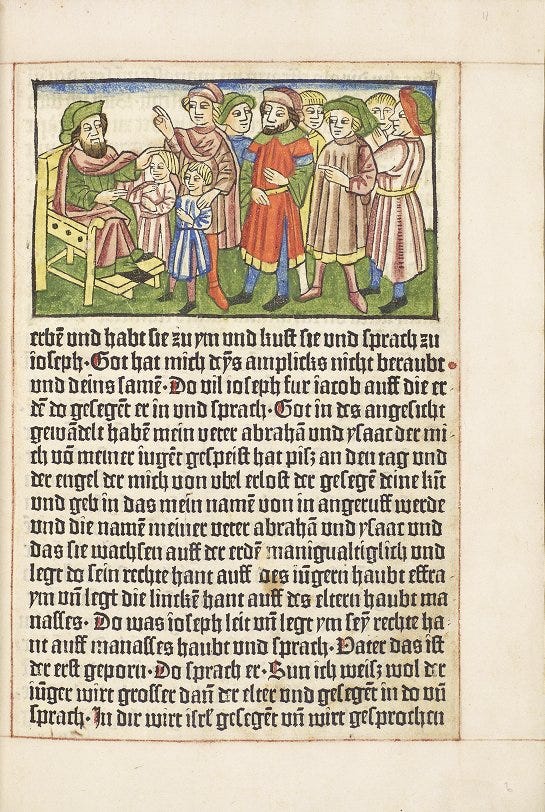 Illuminated page from Vier Historien: Joseph, Daniel, Judith, Esther. There is a coloured illustration across the top part of the page with Latin text beneath. The design depicts a man on a chair surrounded by seven other men and two children.