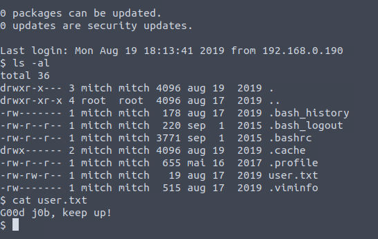 A screenshot displaying directories post a successful SSH login and capturing the user flag.