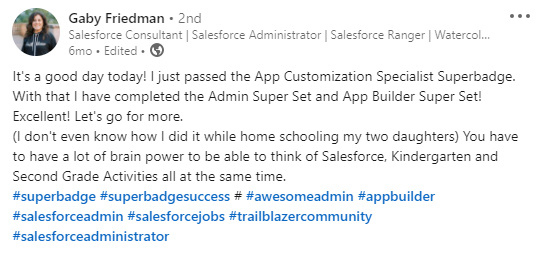 LinkedIn post from Gaby Friedman celebrating completing her App Cuustomization Specialist superbadge.