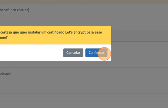 Página do certificado SSL, clicando no botão “Confirmar”