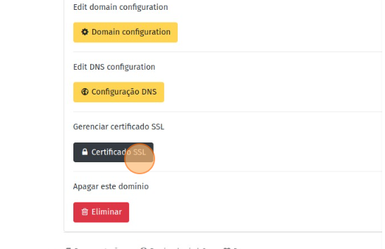 Página do domínio que criamos, clicando no botão “Certificado SSL”