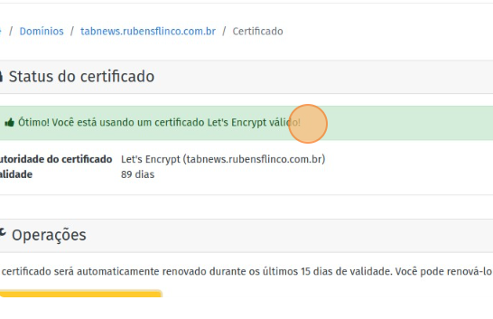 Página do certificado SSL, mensagem de sucesso confirmando que a instalação do SSL