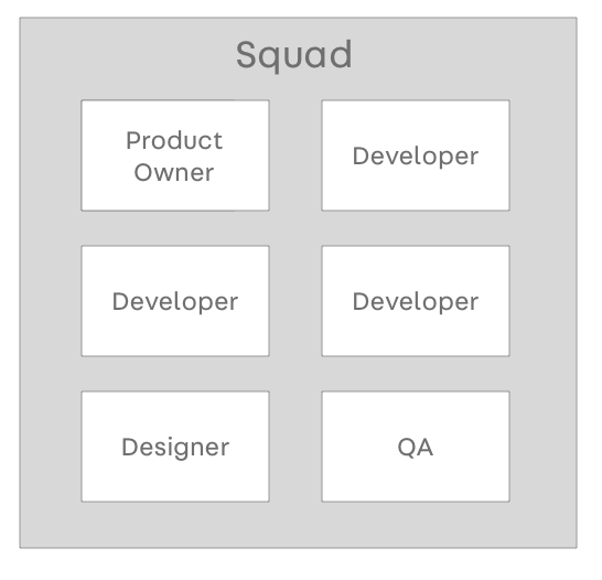 A squad containing full-time product owner, developers, designer, and QA