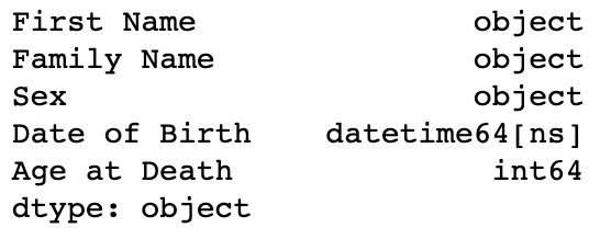 Output of checking types of the DataFrame after conversion of columns.