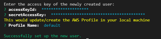 Providing the accessKeyId and secretAccessKey in the terminal