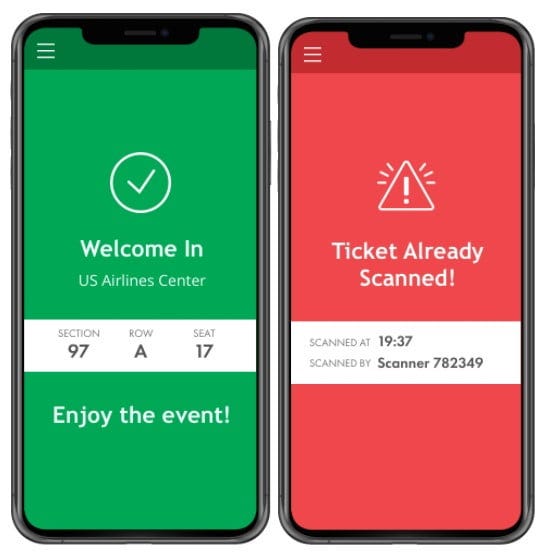 Mobile application screens indicate whether a touchless scan was valid or invalid: a green welcome sign means a valid ticket, while a red screen indicates a ticket was already scanned.