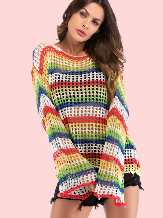 Bell Sleeve Rainbow Striped Jumper In Loose Knit