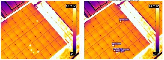 Left: Original thermal image of the solar panels. Right: Defect localisation and classification from Intel’s automated system