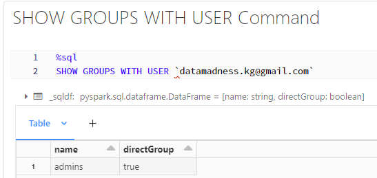 SHOW GROUPS WITH USER command example