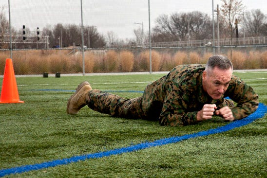 Even the Commandant of the Marine Corps leads by example, by completing a Combat Fitness Test