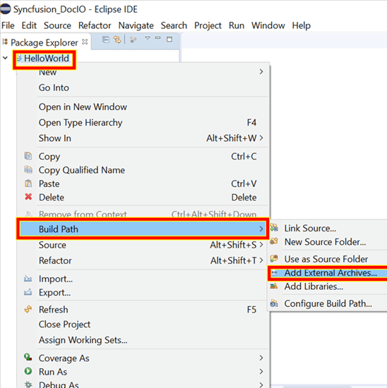 Add external .jar files (“syncfusion-docio.jar” , “syncfusion-javahelper.jar”) to your project