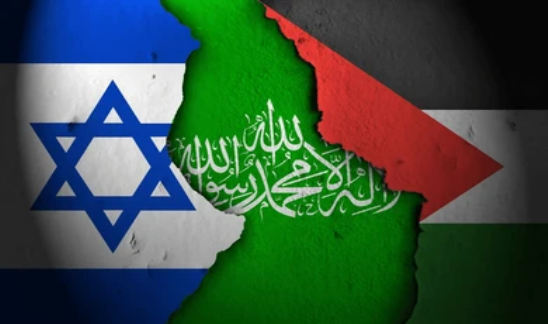 The Israeli, Hamas and the Palestinian flag fitting together as if in a jigsaw puzzle.