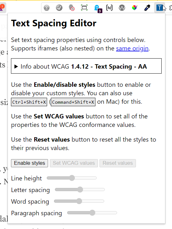 Screenshot of the Text Spacing Editor extension in the Brave browser