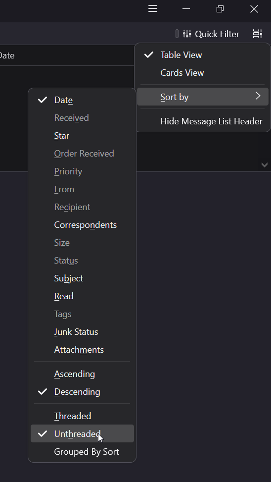 Screenshot of the Thunderbird menus leading to threaded/unthreaded options.