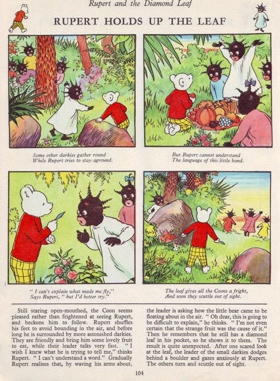 A page from a Rupert the Bear story showing him interacting with “golly”-styled people on a remote island. The design is extremely offensive.